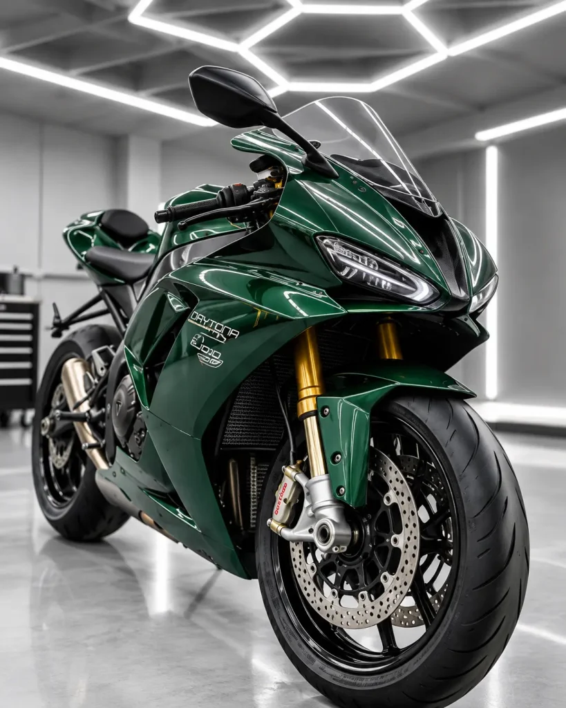 Dark green superbike in a detailing studio with hexagonal ceiling lights.