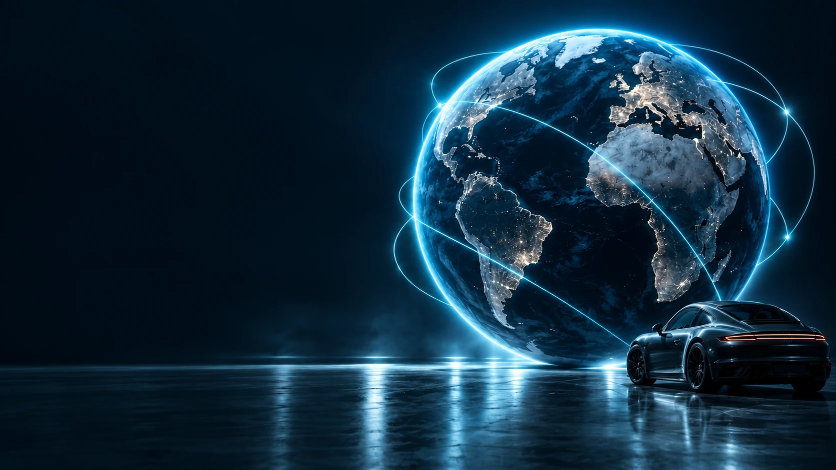 Illuminated globe centred on Europe and Africa with a dark sports car on a reflective floor.