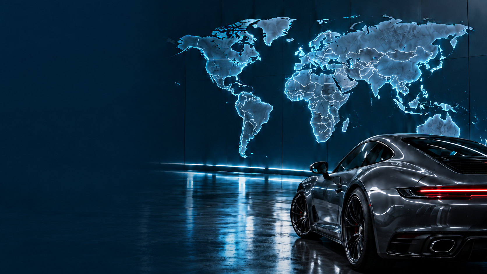 Dark graphite sports car against an illuminated world map
