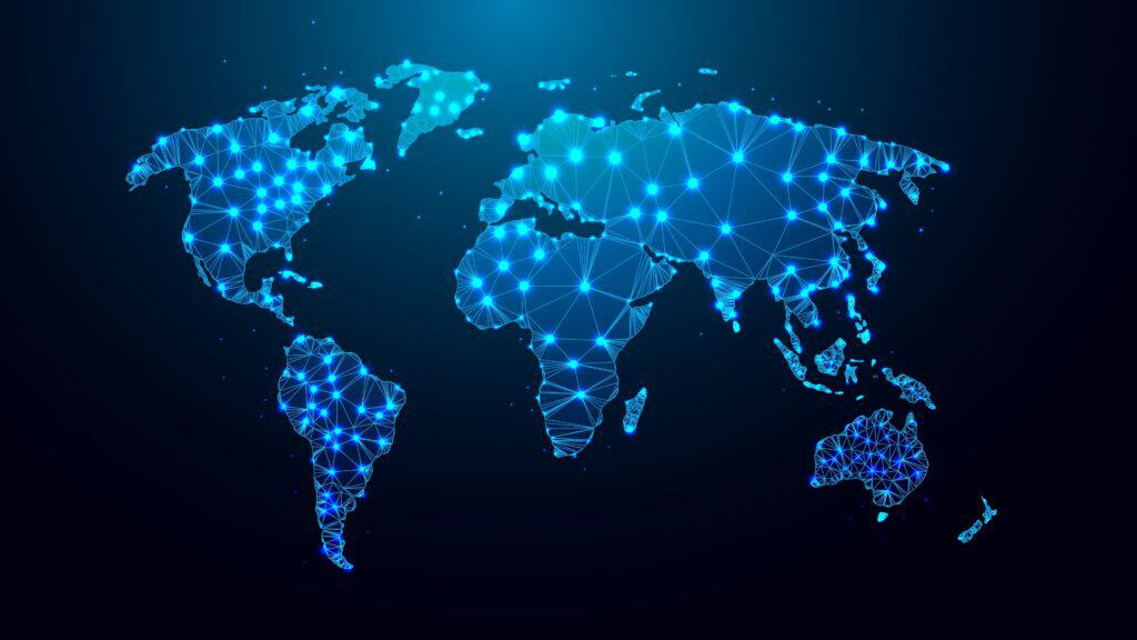 Blue world map showing an international network of connected locations.