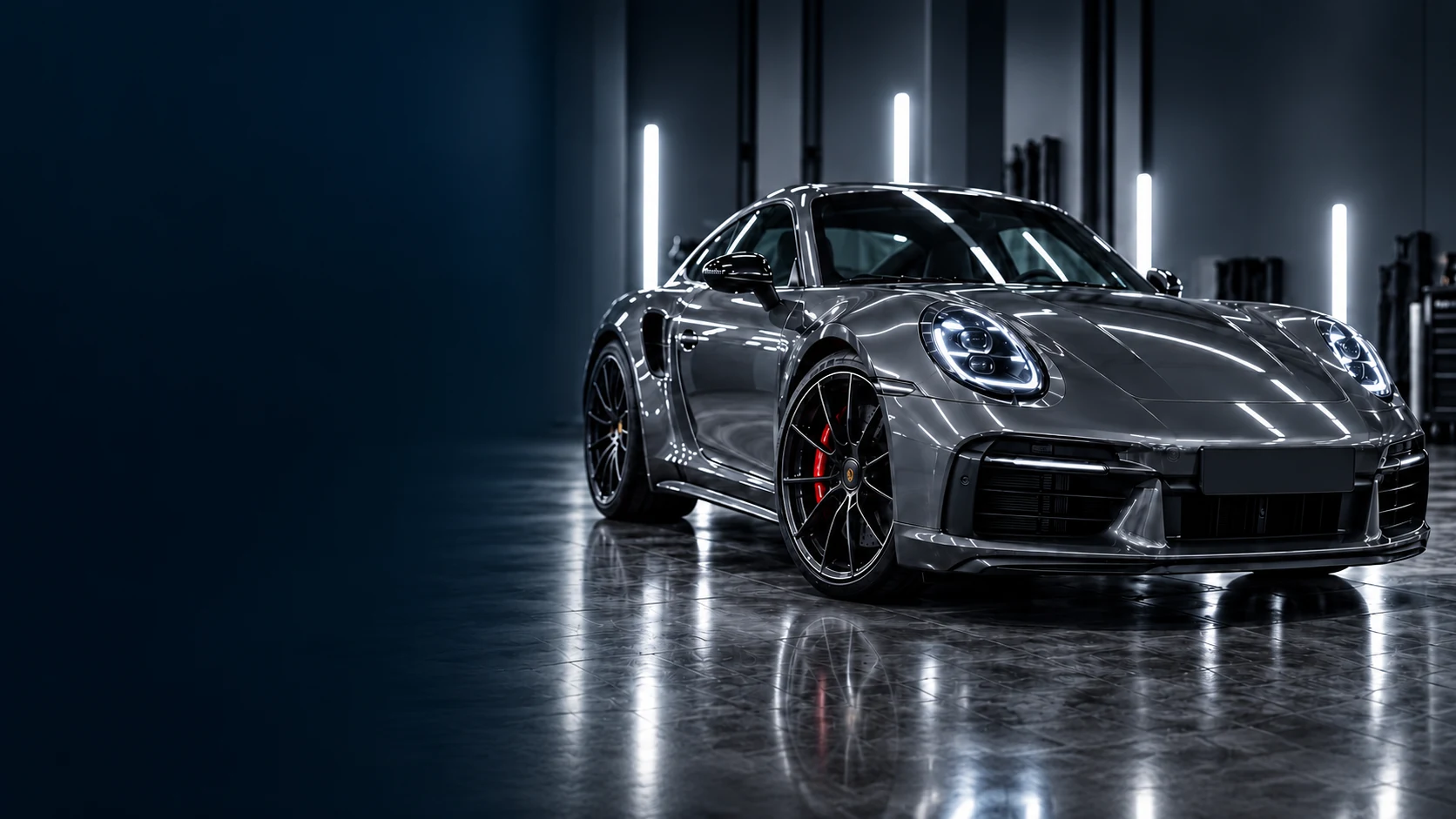 Metallic grey sports car with polished paintwork in a professional detailing studio.