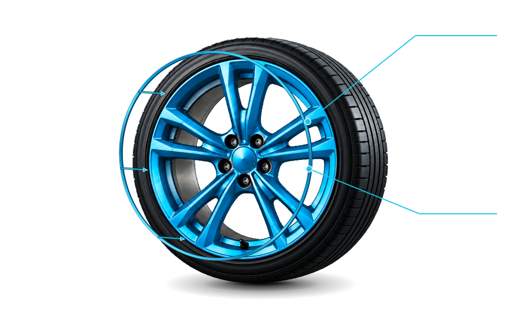 Alloy wheel showing clear PPF protection with a colour-coded rim protector, fitting arrows and labelled callouts.