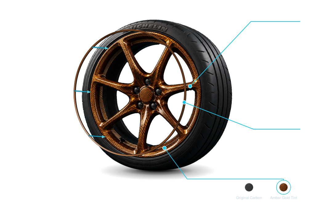 Carbon wheel with amber-gold tint dual protection, a colour-coded rim protector and original-carbon and amber-gold tint swatches.