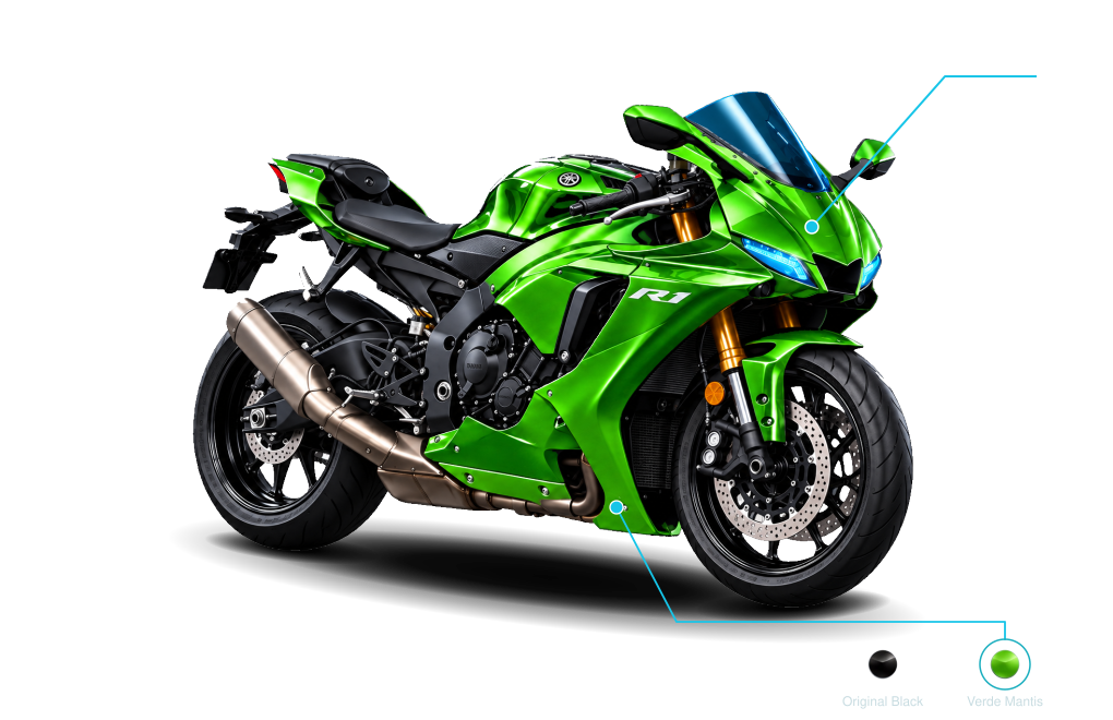 Green motorcycle showing seamless colour-change PPF, with Original Black and Verde Mantis swatches.