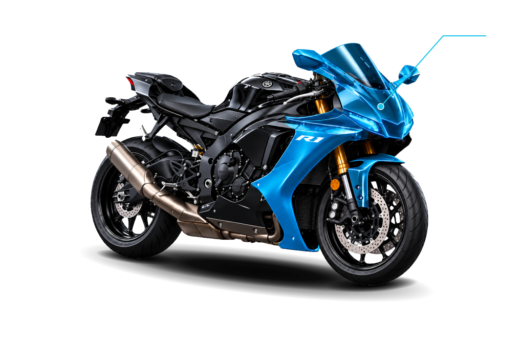 Motorcycle with blue protection highlighting on the front mudguard, fairings and leading panels; clear protection callout.