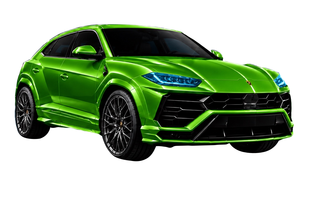 Verde Mantis colour change shown on a black Lamborghini Urus with Verde Mantis bodywork and cyan-highlighted headlights.