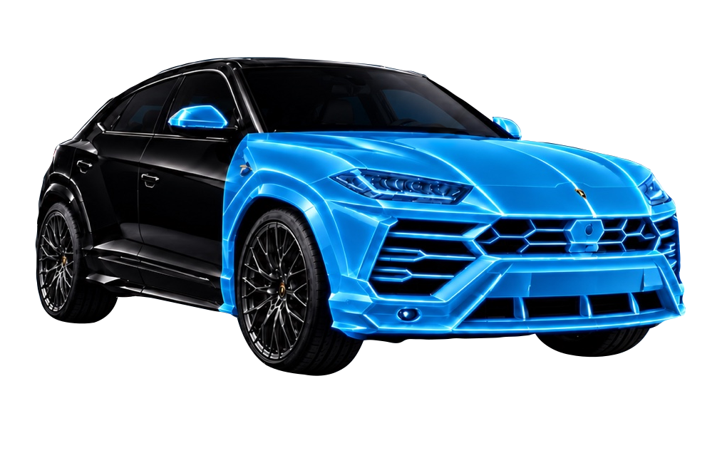 Front-end protection shown on a black Lamborghini Urus, with the approved cyan protection highlights.