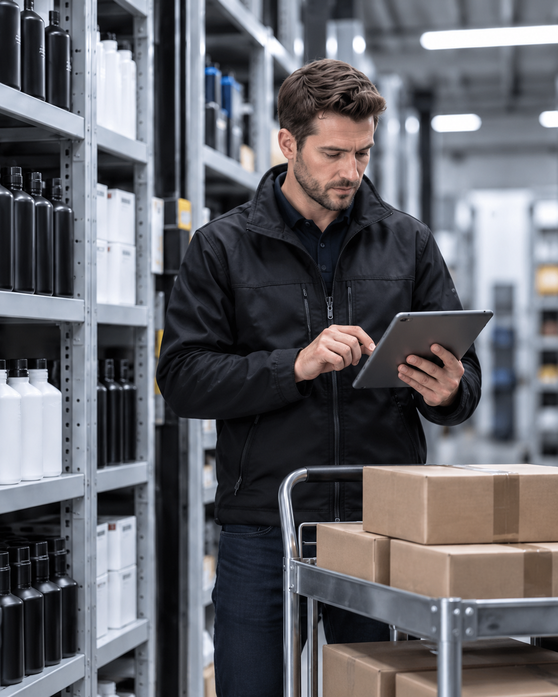 Business representative reviewing automotive product stock on a tablet