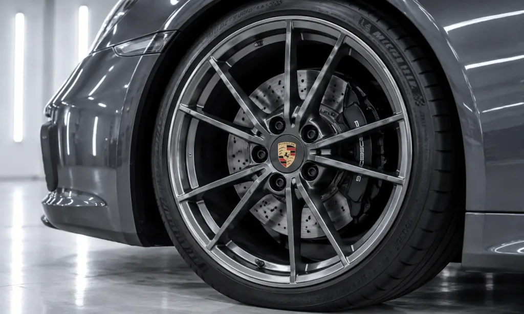 Close-up of a black multi-spoke alloy wheel, tyre and brake disc.