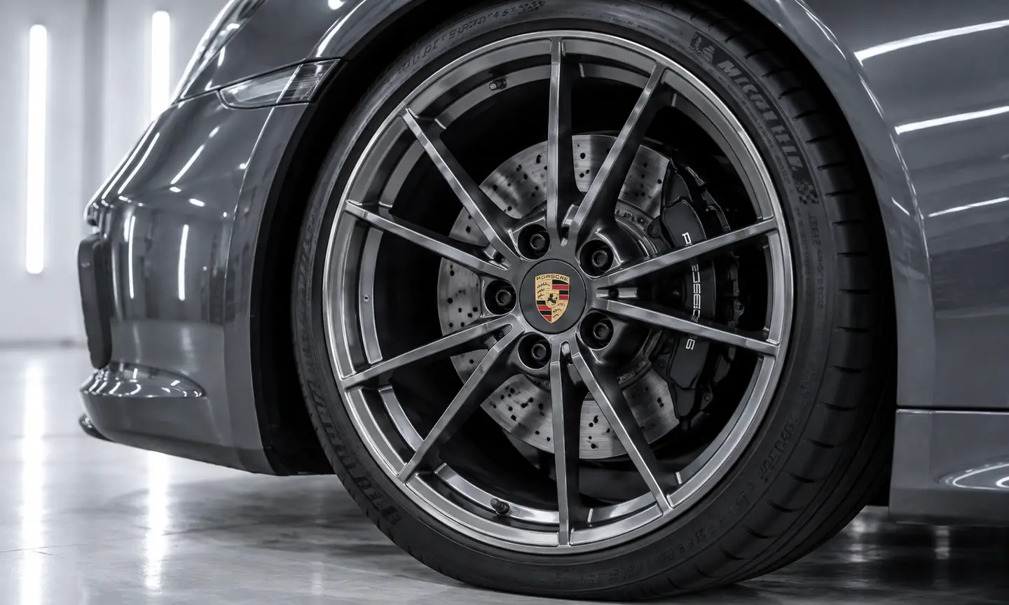 Close-up of a black multi-spoke alloy wheel, tyre and brake disc.