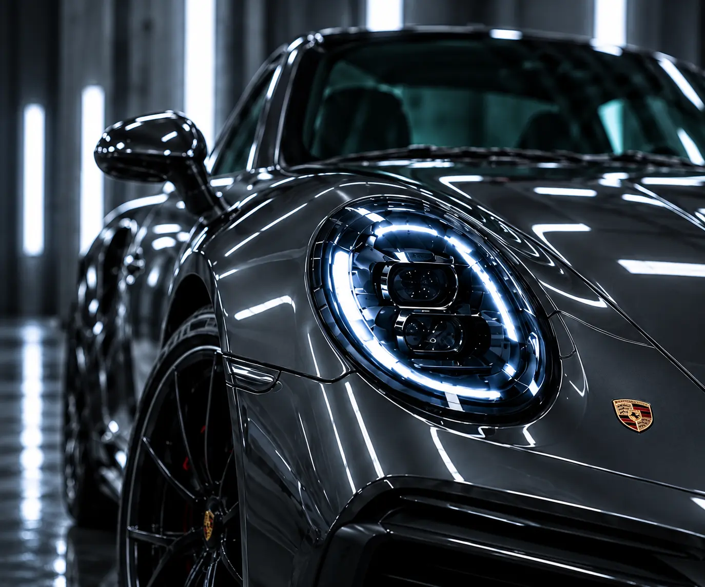 Close-up of a grey sports car headlight and highly polished bonnet.