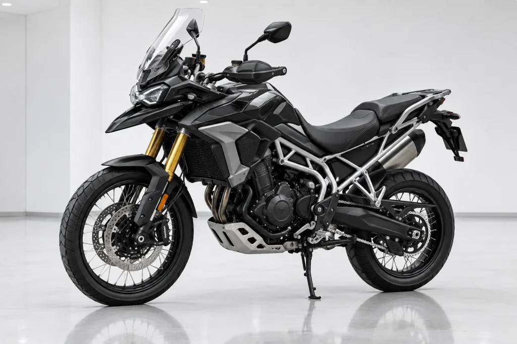 Black adventure motorcycle with a silver frame and gold front forks in a bright studio.