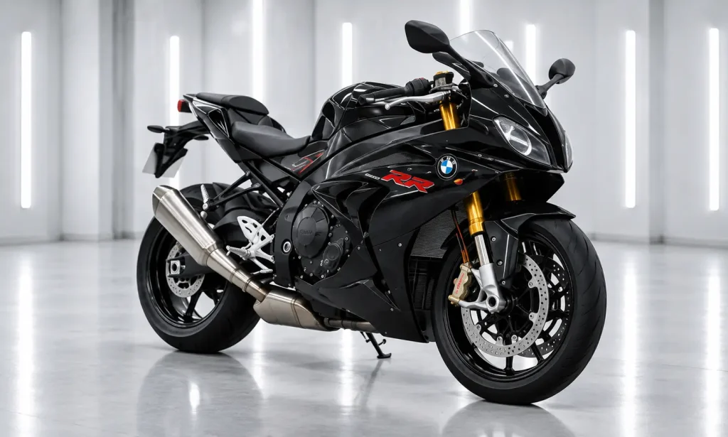 Black sports motorbike with gold forks in a bright detailing studio.