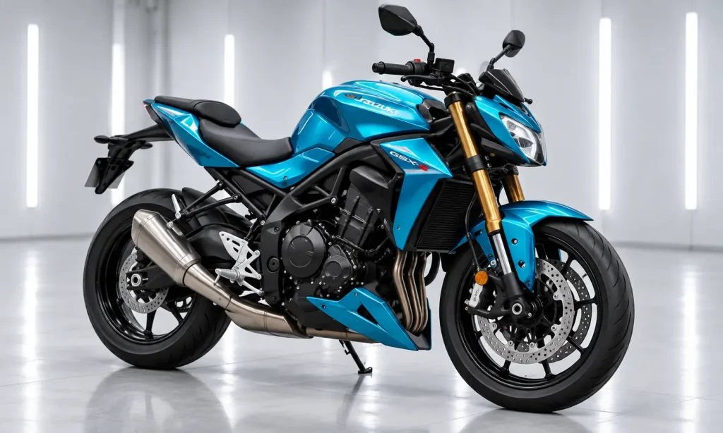 Blue motorbike with glossy tank panels and gold forks in a detailing studio.