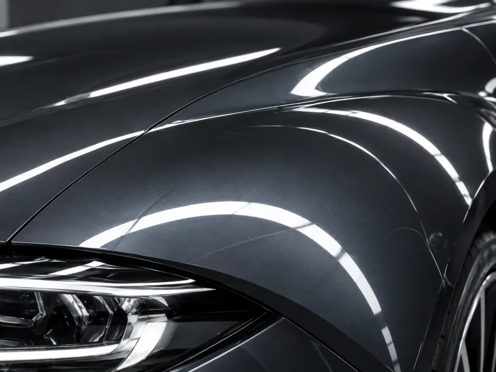 Glossy dark grey car bodywork with clear paint protection and clean studio reflections.