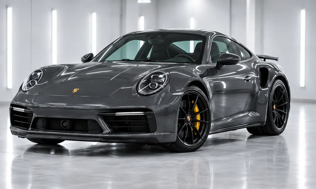 Grey sports car with a glossy finish in a professional detailing studio.