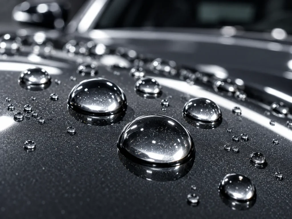 Rounded water droplets beading on a dark protected automotive paint surface.