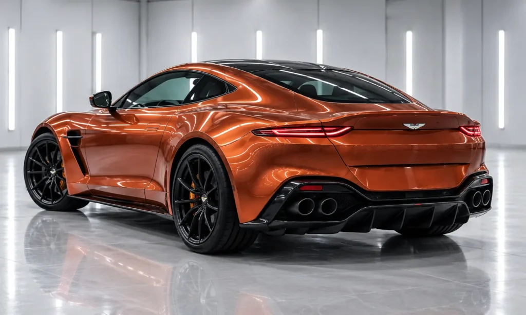 Orange sports coupe showing its glossy rear bodywork in a detailing studio.