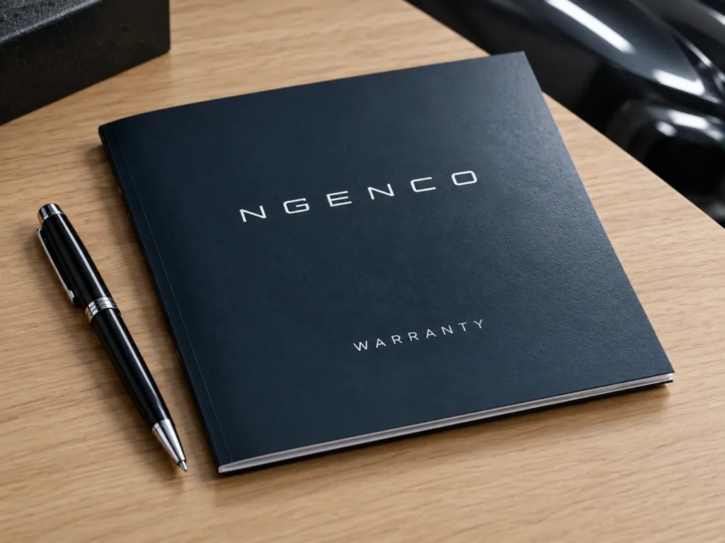 A dark Ngenco warranty booklet resting on a wooden desk.