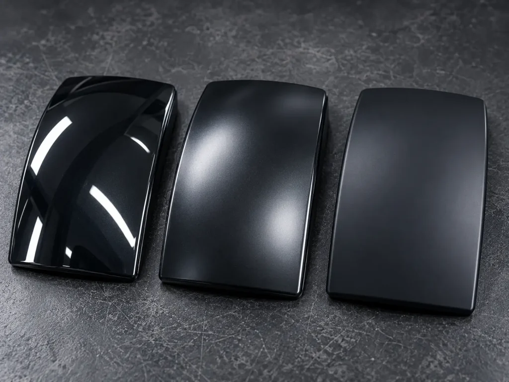 Three dark curved paint samples showing gloss, satin and matte finishes.