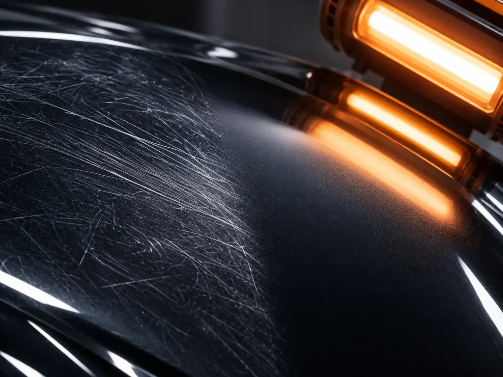 Concept comparison of fine scratches and a smooth protected surface beneath a warm infrared lamp.