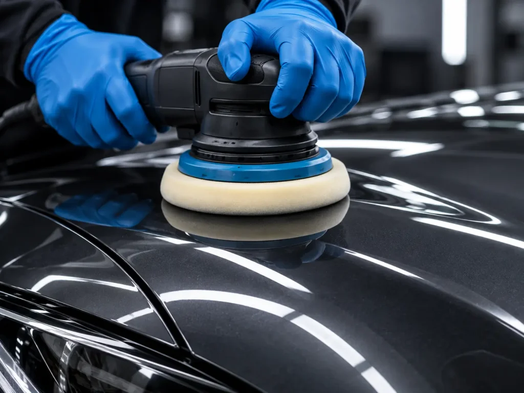 Blue-gloved hands using a machine polisher on glossy dark vehicle paintwork.