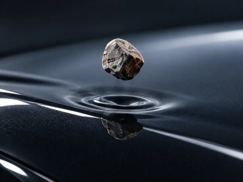 Concept illustration of a small stone above a resilient clear protective layer on dark paintwork.