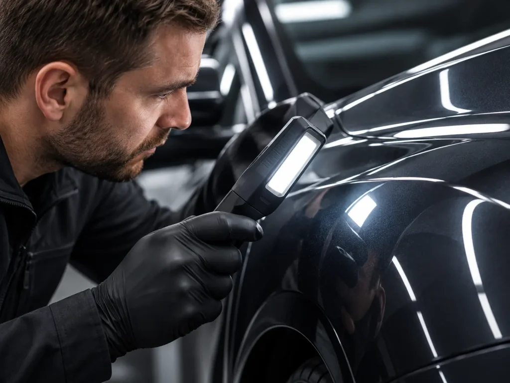 A detailing technician inspecting glossy protected paintwork with a handheld inspection light.