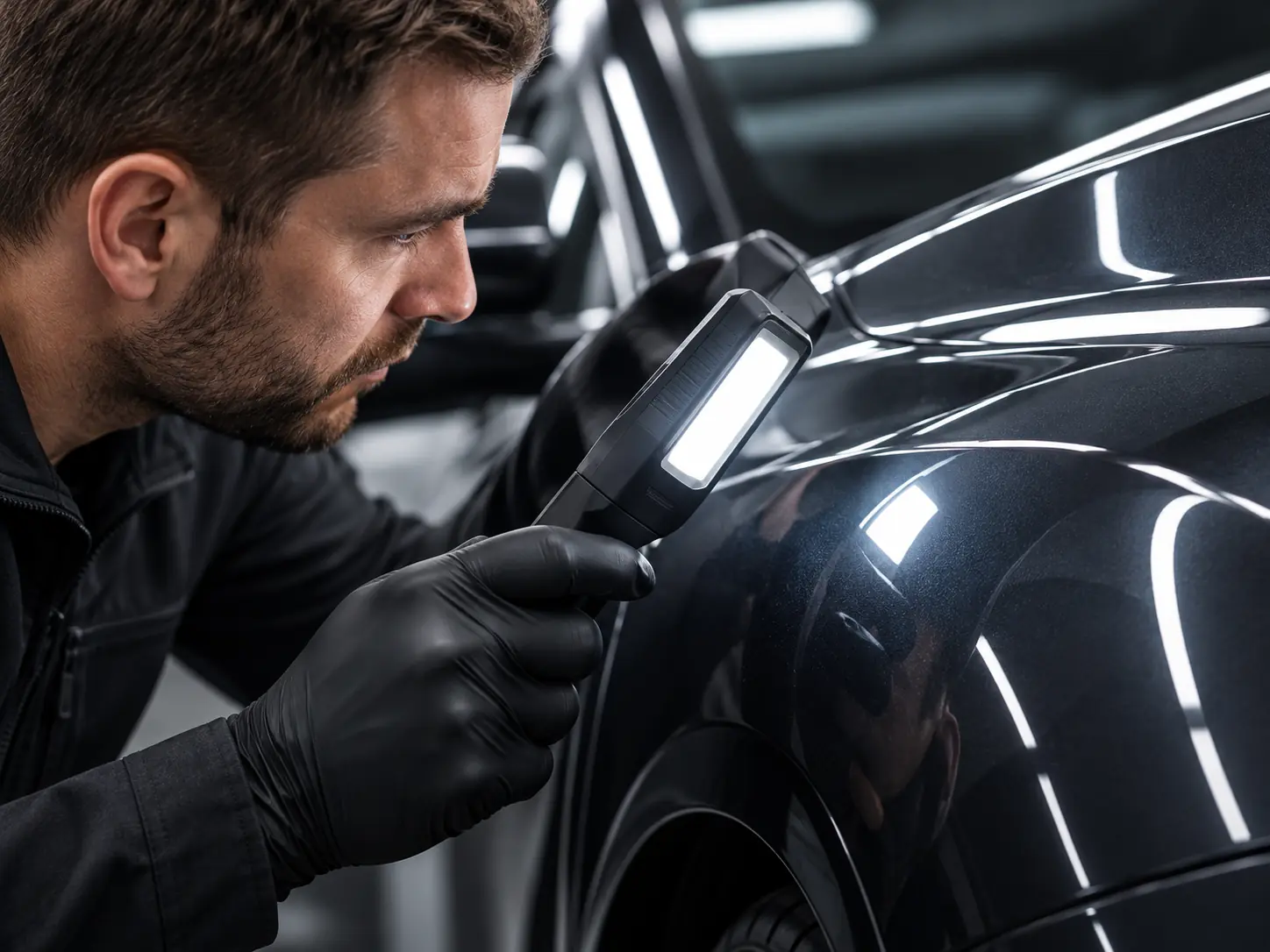 A detailing technician inspecting glossy protected paintwork with a handheld inspection light.