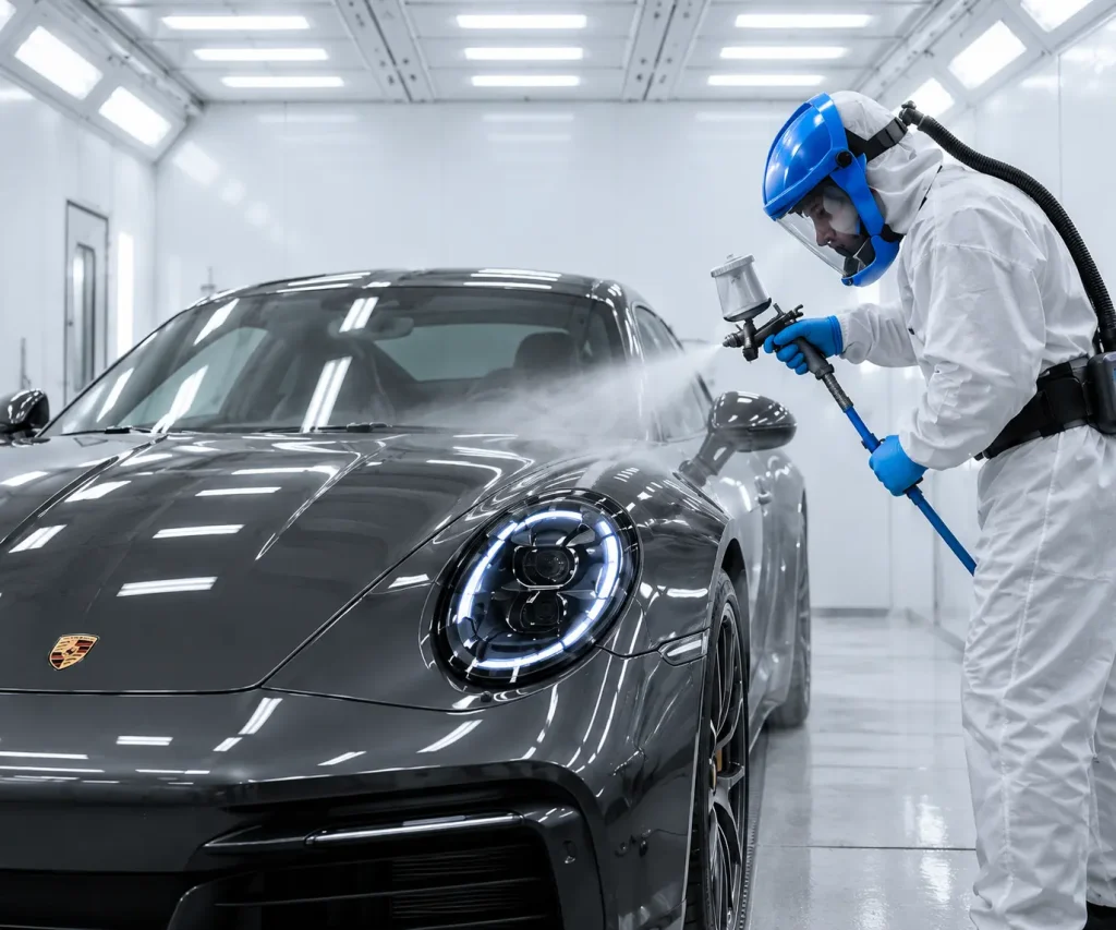 Technik v ochrannom odeve aplikuje striekanú ochrannú fóliu na sivé športové auto.