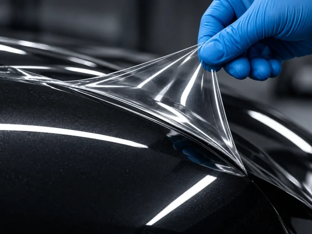 A blue-gloved hand gently peeling a clear protective film from intact glossy car paintwork.