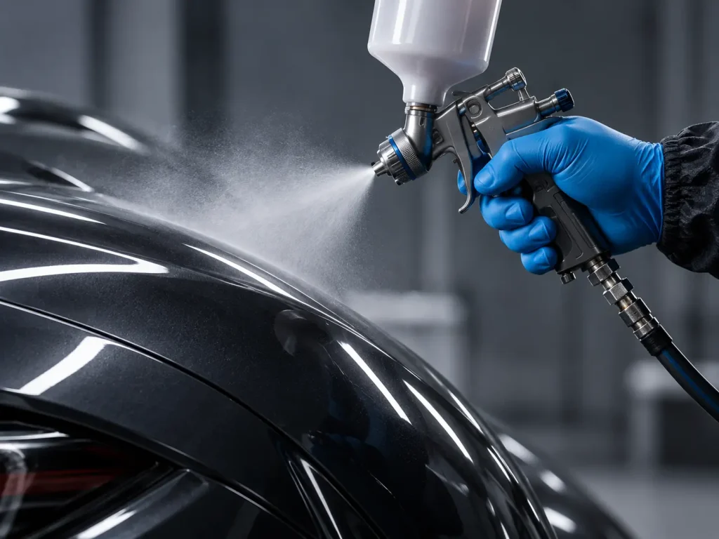 A technician in blue gloves applying a fine spray of protective coating to dark car bodywork.