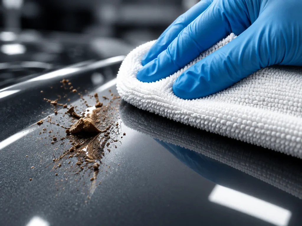 A blue-gloved hand wiping dirt from protected dark paintwork with a white microfibre cloth.