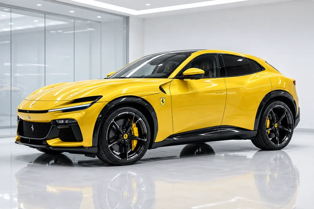 Yellow performance SUV with black alloy wheels in a bright detailing studio.